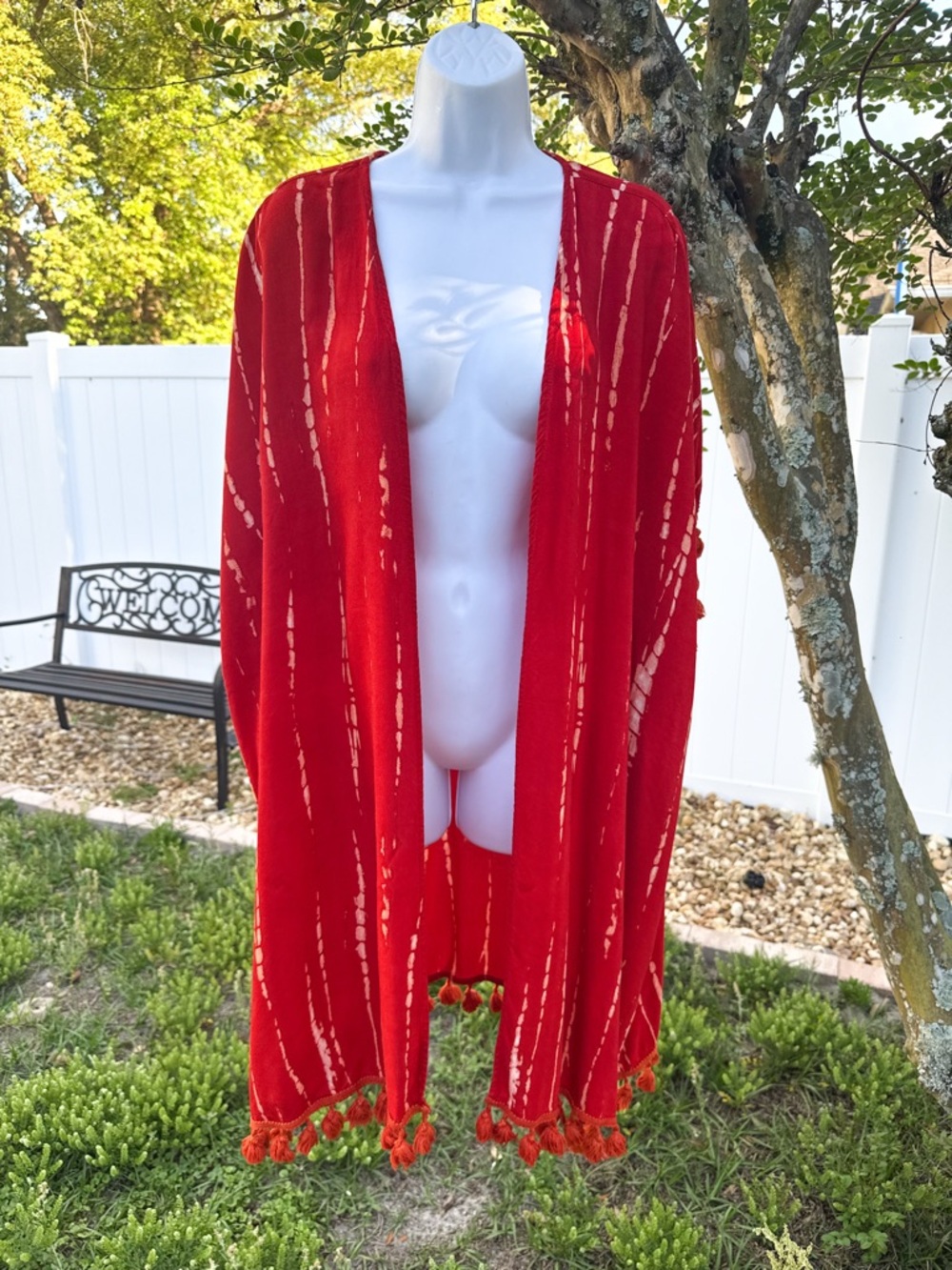 Ashro Red Tie Dye Kimono Duster Afrocentric Dancer Graphic Tassel Trim One Size